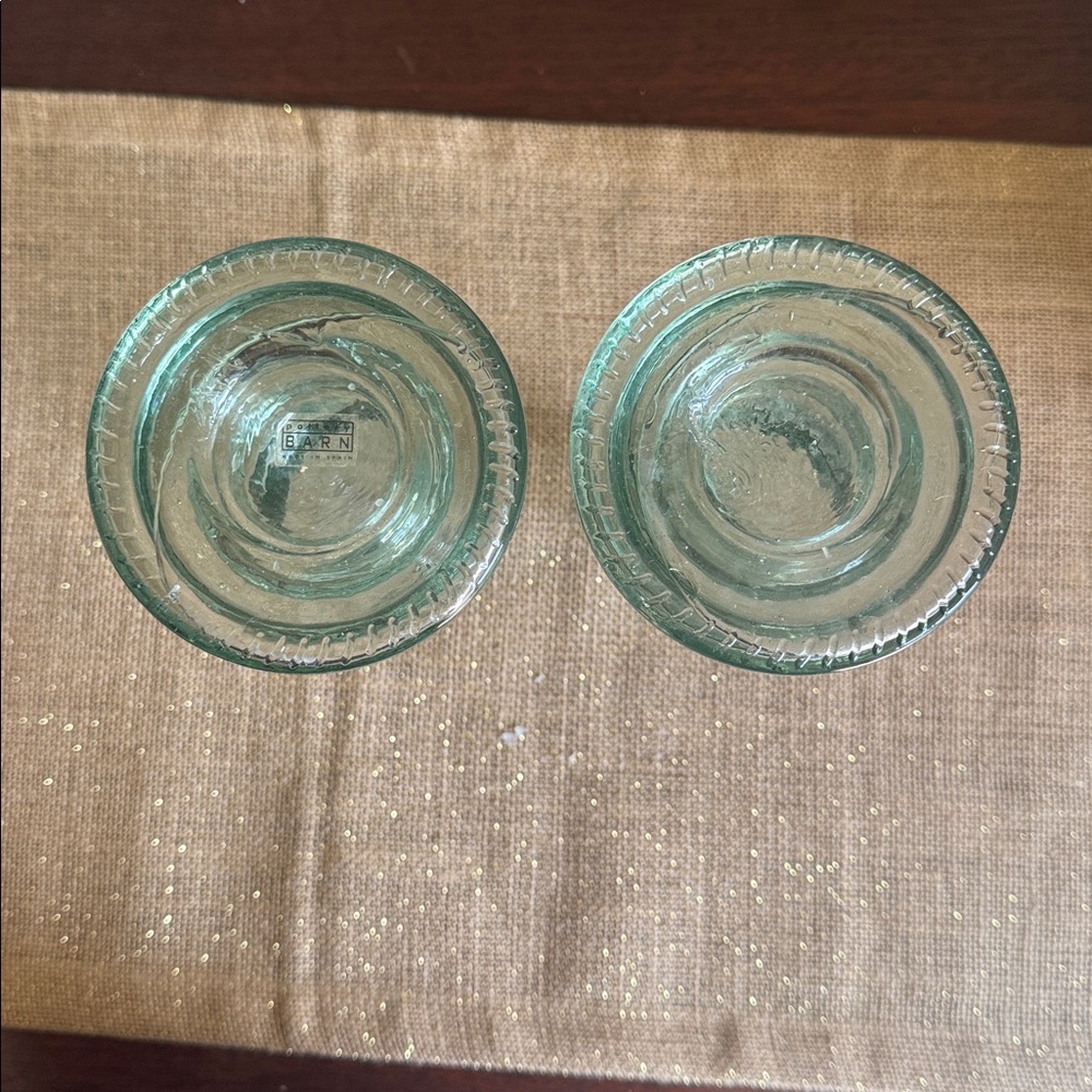 Pottery Barn Pair of Green Recycled Glass Candle Sticks Made in Spain ~8” - Picture 2 of 10